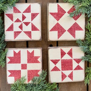 Made-to-Order Barn Quilt Block: 6" x 6", White with Red Stencil, Individual, Rustic Shelf Sitter, Wall Decor