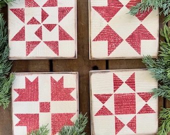 Made-to-Order Barn Quilt Block: 6" x 6", White with Red Stencil, Individual, Rustic Shelf Sitter, Wall Decor