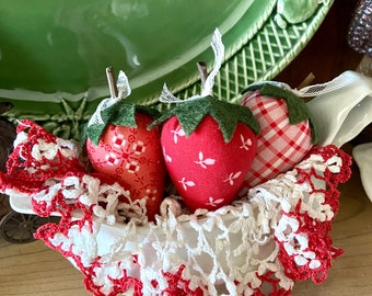 Pink and Red Fabric Strawberries (SET OF 3), Spring, Summer, Bowl Fillers, Red