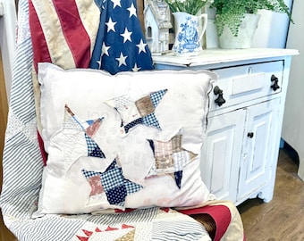 Flour Sack Quilt Star Pillow, Decorative Pillow, Fourth of July, Memorial Day, Summer, Patriotic