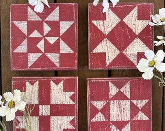 Made-to-Order Barn Quilt Block: 6" x 6", Red with White Stencil, Individual, Rustic Shelf Sitter, Wall Decor
