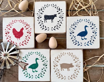Made-to-Order Farm Animal Block: 6" x 6", Cow, Pig, Chicken, Duck, Rustic Shelf Sitter, Wall Decor