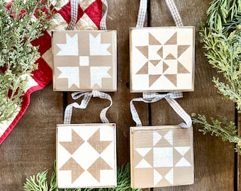 Barn Quilt Ornaments, Set of 4, Farmhouse, Red, Green, Tan, Christmas