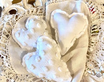 Set of 3 Tiny Vintage Chenille Hearts, All White, Valentine's Day, Farmhouse Décor