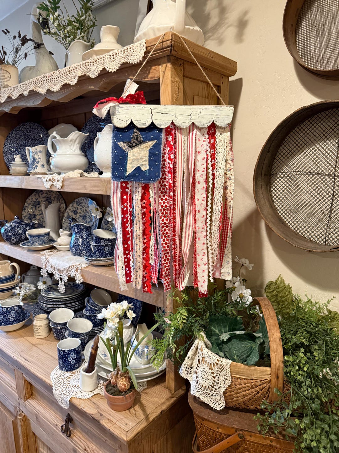 LARGE American Rag Flag, Patriotic, 4th of July, Lace, Floral ...