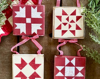 Barn Quilt Ornaments, Set of 4, Farmhouse, Red, Green, Tan, Christmas