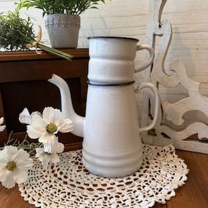 Vintage French White Enamelware Drip Coffee Pot, Gooseneck Spout, Vintage Kitchen Decor