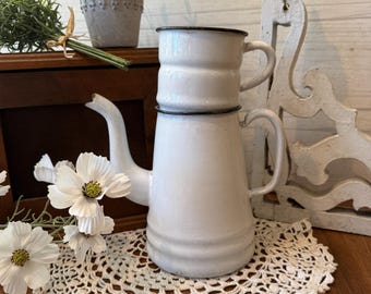 Vintage French White Enamelware Drip Coffee Pot, Gooseneck Spout, Vintage Kitchen Decor