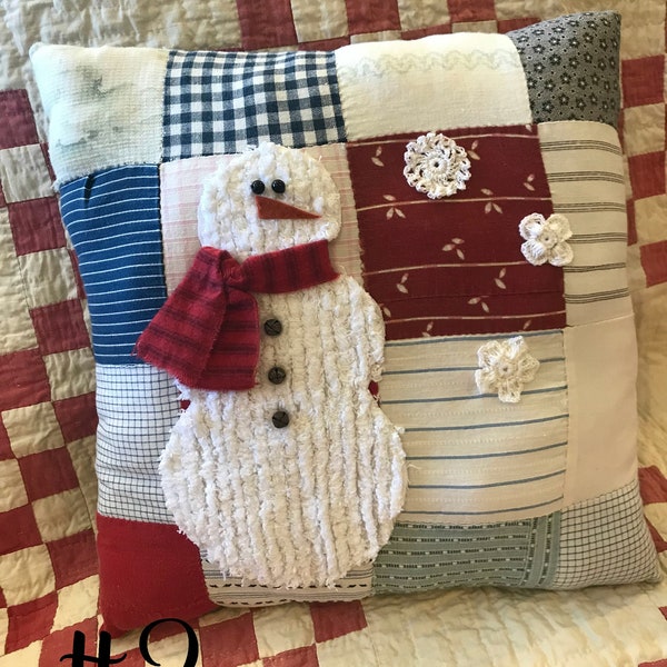 Vintage Quilt Snowman Decorative Pillow with Chenille Snowman #3