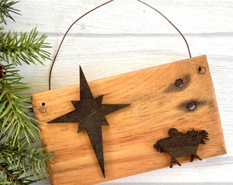 Small Wood Nativity Ornament (rectangle), Christmas Decor, Handmade, Reclaimed Wood