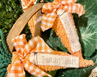 Set of 2 Primitive Chenille Carrots, Bunny Bait. Easter, Spring, Farmhouse