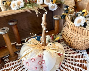 Small Pumpkin made from Vintage Cutter Quilt with Spindle Stem, Halloween, Fall Décor