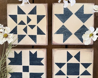 Made-to-Order Barn Quilt Block: 6" x 6", White with Blue Stencil, Individual, Rustic Shelf Sitter, Wall Decor