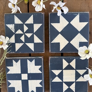 Made-to-Order Barn Quilt Block: 6" x 6", Blue with White Stencil, Individual, Rustic Shelf Sitter, Wall Decor
