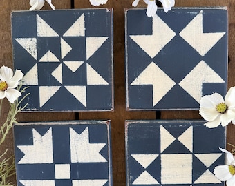 Made-to-Order Barn Quilt Block: 6" x 6", Blue with White Stencil, Individual, Rustic Shelf Sitter, Wall Decor