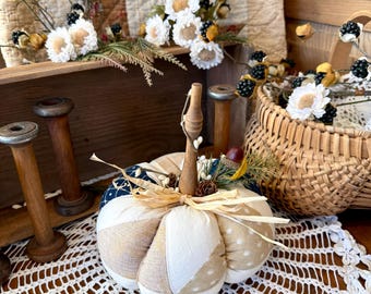 Small Pumpkin made from Vintage Cutter Quilt with Spindle Stem, Halloween, Fall Décor