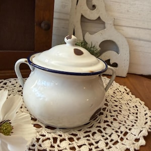 Vintage White Enamelware Pot with Lid, Sugar Bowl, Small Pot, Vintage Kitchen Decor
