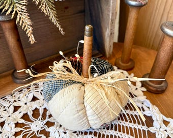 Small Pumpkin made from Vintage Cutter Quilt with Vintage Bobbin Stem, Halloween, Fall Décor