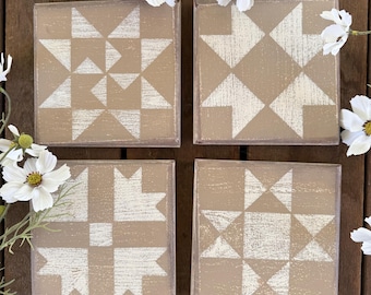 Made-to-Order Barn Quilt Block: 6" x 6", Tan with White Stencil, Set of 4, Rustic Shelf Sitter, Wall Decor