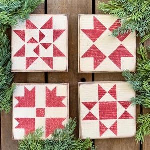 Made-to-Order Barn Quilt Block: 6" x 6", White with Red Stencil, Set of 4, Rustic Shelf Sitter, Wall Decor