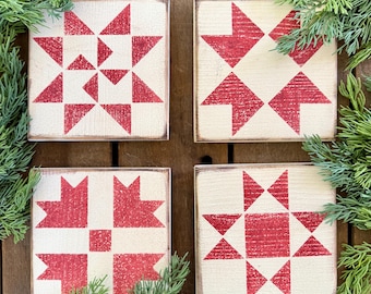 Made-to-Order Barn Quilt Block: 6" x 6", White with Red Stencil, Set of 4, Rustic Shelf Sitter, Wall Decor