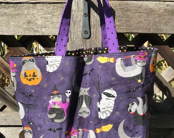 Purple Sloth Trick or Treat Lined Tote Bag