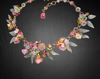 Watercolor Morning  Lampwork Flower Necklace