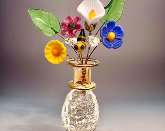 Bee in the Garden Spring Flower Sampler Mini Glass Bouquet with Vase