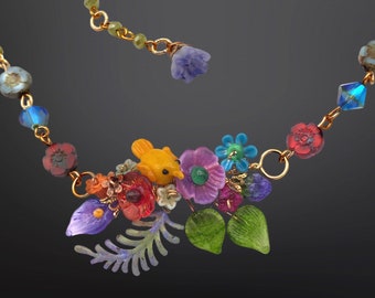 Yellow Bird in the Flowers Necklace