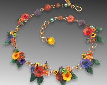 Autumn Garden Glass Flower Necklace, Spice Colors