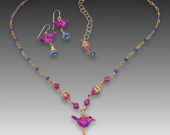 Raspberry Purple Birds Necklace and Earrings Set