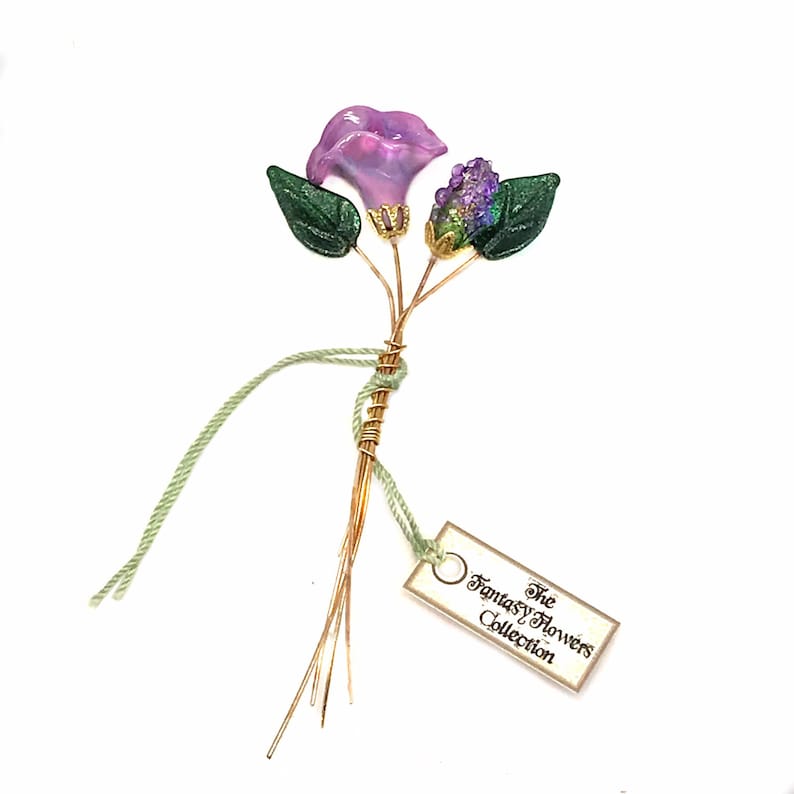 Set of four headpins. Tiny Purple Lampwork Flower Headpin Bouquet