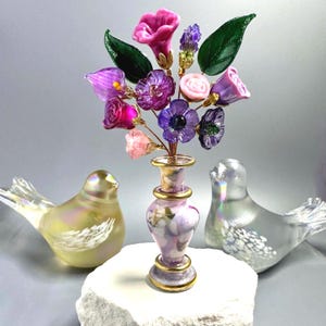Roses and Wildflowers Lampwork Glass Bouquet with Vase