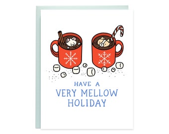 Hot Chocolate Mellow Holiday Card, Cat Holiday Card, Corgi Holiday Card, Cat Card, Corgi Card