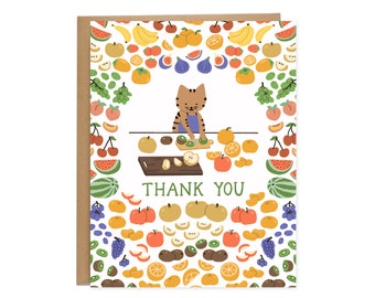 Fruits Thank You Cat Card, Cut Fruit, Cat Thank You Card, Brown Tabby Cat, Thanks, Asian, Fruit