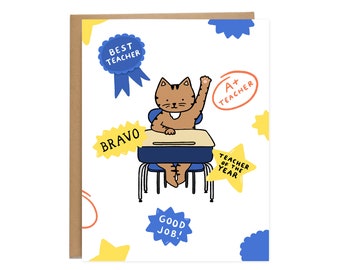 Teacher Appreciation School Cat Card, Thank You Teacher Card, School, Graduation, Professor
