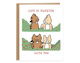 Life is Sweeter Card, Cat and Dog Card, Brown Tabby Cat Card, Corgi Card, Friendship Card, Love Card, Strawberries Card, Pet Card