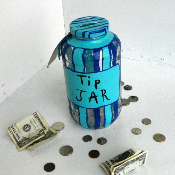 Tarro de punta pintado mano con franjas azules reciclado reciclado dinero de Jar Jar