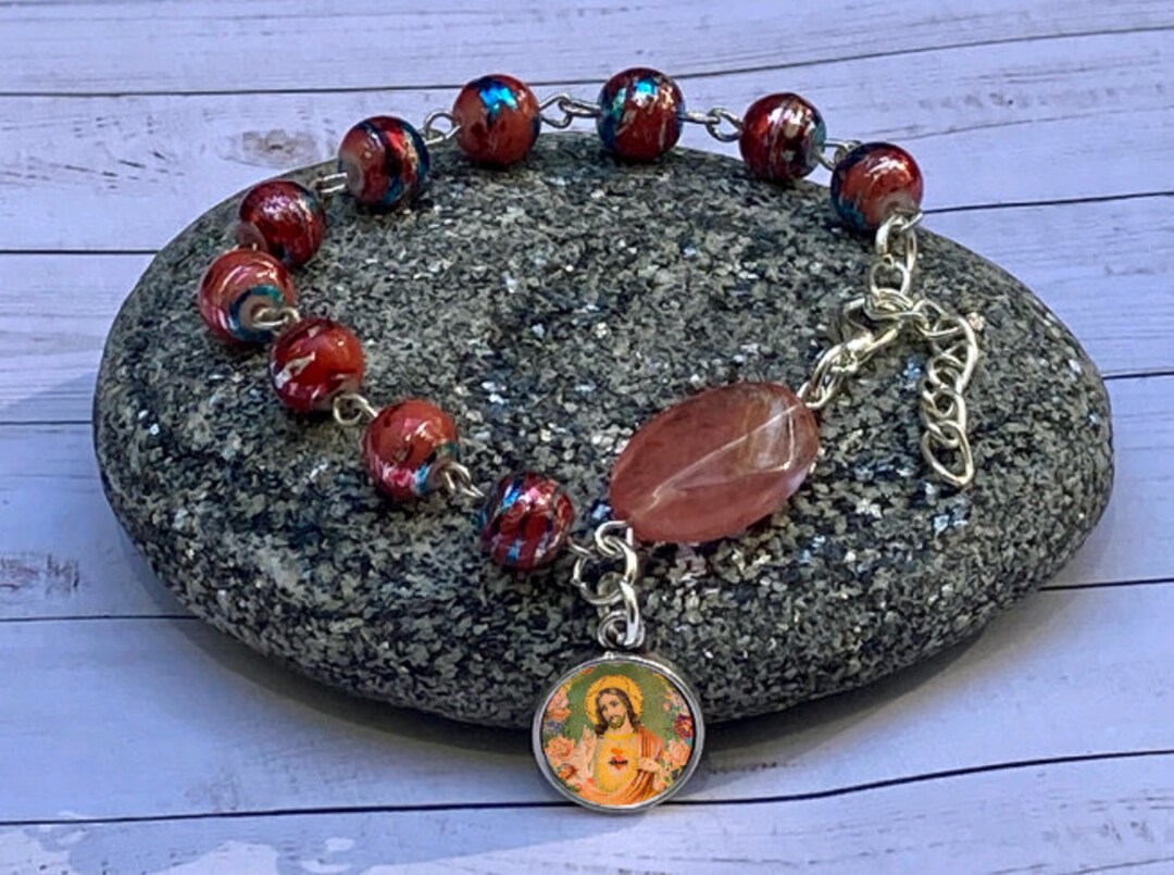 Silver Sacred Heart of Jesus One Decade Rosary Adjustable Bracelet 8mm ...