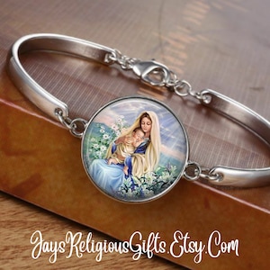 CHOOSE FINISH - Blessed Virgin Mary and Baby Jesus with Lilies Cuff Bracelet - Religious Catholic Saint Rosary Bracelet for Women