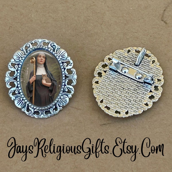LARGE - Saint Gertrude of Nivelles Silver Brooch - Religious Portrait Jewelry Pin Gift for Women - Catholic Saint Jewelry Gift for her