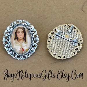 LARGE - Rose Mystica Silver Brooch - Religious Portrait Jewelry Pin Gift for Women - Catholic Patron Saint Medal Jewelry Gift for her