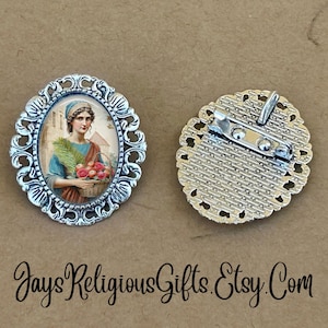 LARGE - Saint Dorothy Silver Brooch - Religious Portrait Jewelry Pin Gift for Women - Catholic Patron Saint Medal Jewelry Gift for her
