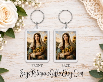 May include: Two rectangular keychains featuring a printed image of a woman with a head covering holding a bouquet of sunflowers. Each keychain has a silver metal ring at the top. The text "FRONT" and "BACK" appear below the items, with "JaysReligiousGifts.Etsy.Com" printed at the bottom.