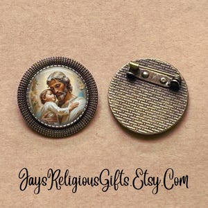 SMALL - Saint Joseph and Child Bronze Round Brooch - Catholic Patron Saint Medal Brooch Gift for her - Religious Jewelry Pin Gift for Women