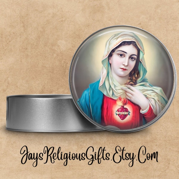 Immaculate Heart of Mary Rosary Box - Catholic Patron Saint Pill Box Case for her - Religious Metal Tin for Rosary Beads Gift for Women