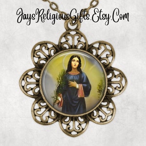 Silver or Bronze - Saint Agatha of Sicily Flower Necklace - Catholic Photo Pendant Gift for her - Religious Jewelry Gift for Women
