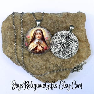 LARGE - Saint Therese of Lisieux Silver Flower Necklace - Catholic Patron Saint Gift for Women - Religious Saint Jewelry Gift for her