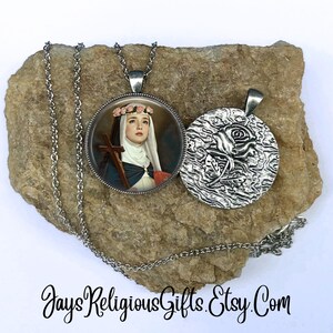 LARGE - Saint Rose of Lima Silver Rose Necklace - Catholic Patron Saint Gift for Women - Religious Flower Necklace Jewelry Gift for her