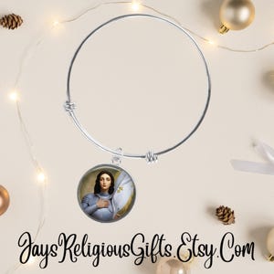 Joan of Arc Silver Adjustable Bangle Bracelet - Catholic Patron Saint Medal Gift for her - Religious Jewelry Gift for Women